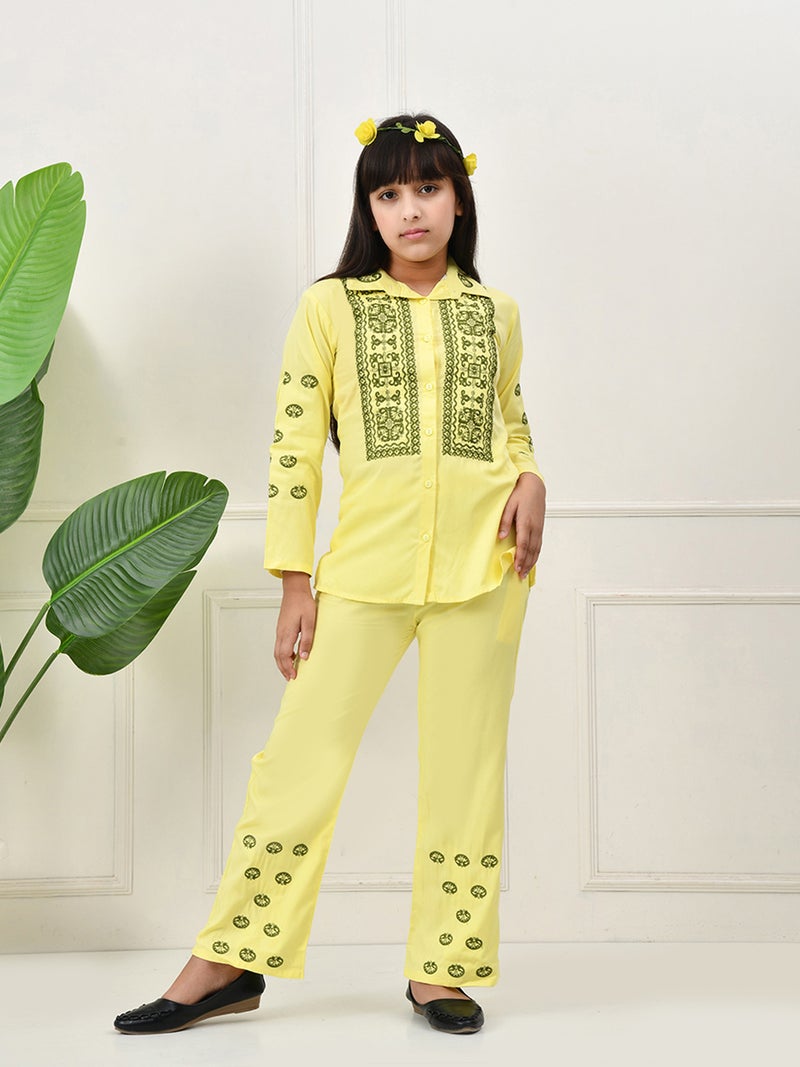 Cotton Woven Yellow Top & Pant Set for Girls